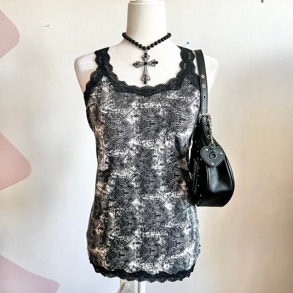 Black Lace Trim‎ Tank Top, Y2K Grunge Goth Edgy Alt Vintage Small - Picture 1 of 4